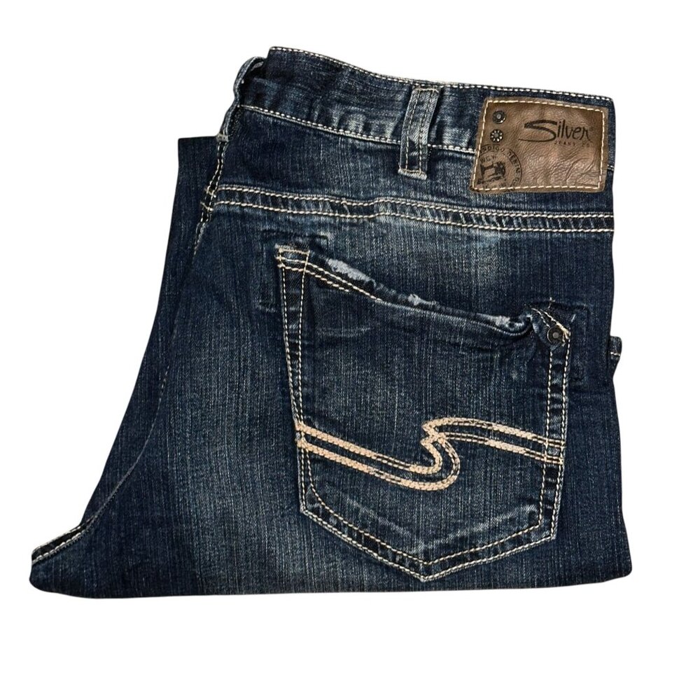 Silver Zac Straight Leg Jeans Mens 42 32 Medium Wash Distressed Embroidered